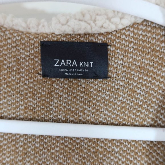 ZARA Size S Tan Cream Oversized Hooded Open Front Fleece Lined Cardigan Sweater - Picture 4 of 4